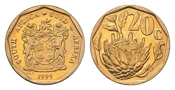 ЮАР 20 центов 1995 герб, цветок протея KM 136 сталь плакированная бронзой UNC 4694-843