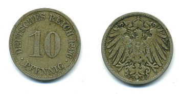 ГЕРМАНИЯ 10 ПФЕННИГОВ 1896 F KM 12, J. 13 медно-никель 54-455
