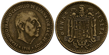 Испания 1 песета 1966 Франсиско Франко (1939-1975) KM 796 алюминиевая бронза 4176-323