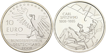 ФРГ 10 евро 2008 A, 200 лет со дня рождения Карла Шпицвега KM 273, DE.S. 10.34 серебро PROOF 1076-4-11