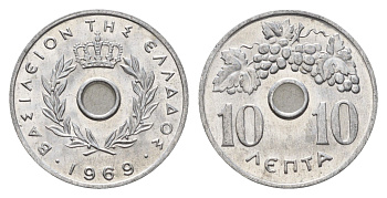 Греция 10 лепт 1969 Павел I (1947-1964), виноградная лоза KM 78 алюминий UNC 4649-567