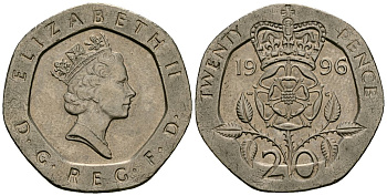 Великобритания 20 пенсов 1996 Елизавета II (1952-2022) KM 939, Spink 4361 (G2) медно-никель 4544-216