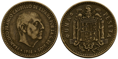 Испания 1 песета 1966 Франсиско Франко (1939-1975) KM 796 алюминиевая бронза 4176-323