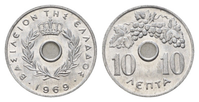 Греция 10 лепт 1969 Павел I (1947-1964), виноградная лоза KM 78 алюминий UNC 4649-567