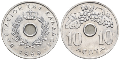 Греция 10 лепта 1969 Константин II (1964-1973), виноградная гроздь KM 78 алюминий UNC 87-317
