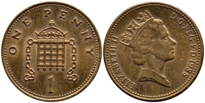 Великобритания 1 пенни 1988 Елизавета II (1952-2022) KM 935, Spink 4381 (B3) бронза UNC 08-1123