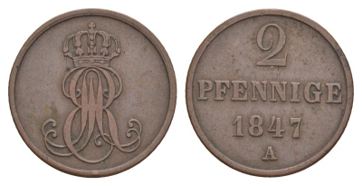 Ганновер 2 пфеннига 1847 A, Эрнст Август I (1837-1851) KM 202.2, AKS 124, J. 75 медь    4657-721