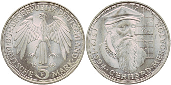 ФРГ 5 марок 1969 F, 375 лет со дня смерти Герарда Меркатора J. 400, KM 126.1 серебро aUNC 1529-222