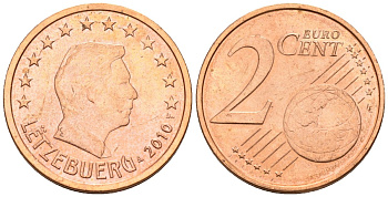 Люксембург 2 евроцента 2010 KM 76 сталь плакированная медью 4147-815
