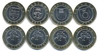 Литва набор из 4 монет по 2 лита 2012 курорты Литвы: Паланга, Бирштонас, Неринга, Друскининкай биметалл UNC M75-20