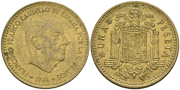 ИСПАНИЯ 1 ПЕСЕТА 1966 (71) ФРАНСИСКО ФРАНКО ДИКТАТОР ИСПАНИИ (1939-1975) КМ 796 алюминиевая бронза 4364-3622