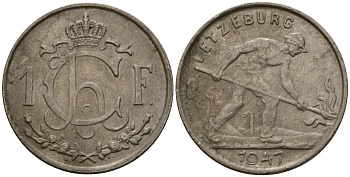 Люксембург 1 франк 1947 Шарлотта (1918-1964), сталевар KM 46.1 медно-никель 4603-1115