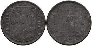 Бельгия 1 франк 1943 Belgique - Belgie, Леопольд III (1934-1947), германская оккупация, Вторая мировая война KM 127 цинк 4161-517