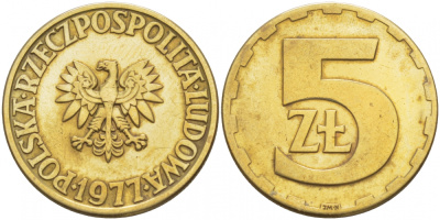 Польша 5 злотых 1977 монетный двор Ленинград (ЛМД) KM 81.1, Parchimowicz 221c латунь 4529-1146