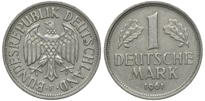 ФРГ 1 МАРКА 1961 F J 385, KM 110 медно-никель 72-714