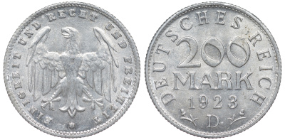 Германия 200 марок 1923 D KM 35, J. 304, Weege 22 алюминий 4604-613