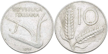 ИТАЛИЯ 10 ЛИР 1951 R, ПЛУГ, КОЛОСЬЯ KM 93 алюминий 175-333