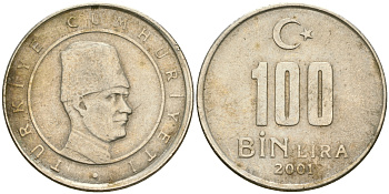Турция 100000 лир 2001 Мустафа Кемаль Ататюрк KM 1106 медь никель цинк 4364-1857