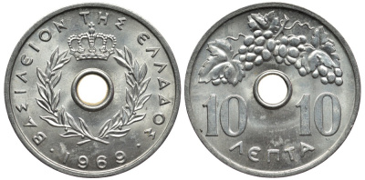Греция 10 лепта 1969 Константин II (1964-1973), виноградная гроздь KM 78 алюминий UNC 4538-941