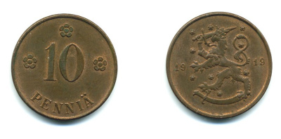 Финляндия 10 пенни 1919 KM 24 медь 37-225