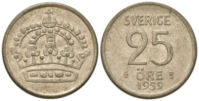 Швеция 25 эре 1959 TS, Густав VI Адольф (1950-1973) KM 824 серебро 4615-1025