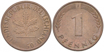 ФРГ 1 ПФЕННИГ 1950 J KM 105, J.380 сталь плакированная медью 3955-521