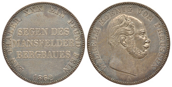 Пруссия 1 талер 1862 Вильгельм I (1861-1888) KM 490, AKS. 98, Dav. 781, Kahnt. 387, Thun. 267 серебро UNC 00-000-00