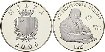 Мальта 5 лир 2006 Темистоклес Заммит (Сэр Теми Заммит), археолог, историк, писатель, профессор химии и врач KM 138 серебро PROOF 01-165-32
