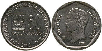 Венесуэла 50 боливаров 2002 B KM 82 сталь плакированная никелем 4529-117