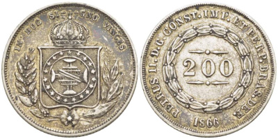 Бразилия 200 рейс 1866 Педро II (1831-1889) KM 469 серебро    4528-145