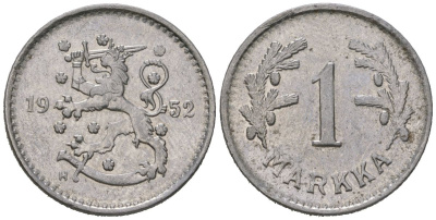 Финляндия 1 марк 1952 H KM 30b железо aUNC 4115-428