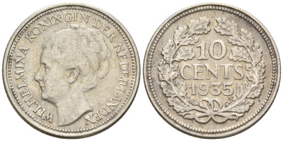 Нидерланды 10 центов 1935 Вильгельмина I (1890-1948) КМ 163 серебро 4160-1236