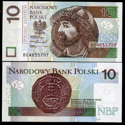 Польша 10 злотых 2016 князь Мешко I, печать Pick 183 b  бумага  UNC (пресс) 450-34-1