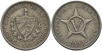 Куба 5 сентаво 1920 звезда, республика (1915-1961) KM 11.1, Y 5, Schoen 5 медно-никель 84-821