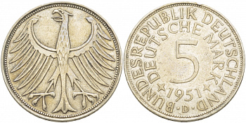 ФРГ 5 марок 1951 D, KM 112.1, J.387 серебро 3996-412