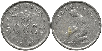 Бельгия 50 сантимов 1922 Belgique, Альберт I (1910-1934) KM 87 никель 4385-627