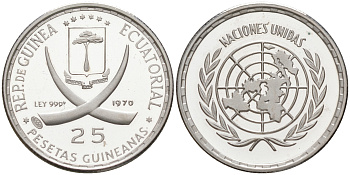 Экваториальная Гвинея 25 песет 1970 Организация Объединённых Наций KM 6 серебро PROOF 1523-424