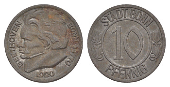 Бонн 10 пфеннигов 1920 Бетховен Funck 51.1A, Men05 3220.1, Men18 4134.1 железо 4643-1038