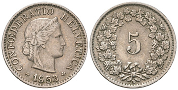 Швейцария 5 раппенов 1953 B KM 26 медно-никель 4115-1233
