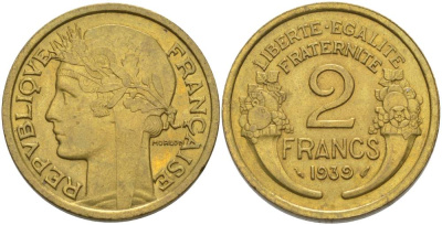 ФРАНЦИЯ 2 ФРАНКА 1939 ТИП MORLON KM 886, LE FRANC 268.12 алюминиевая бронза 3855-126