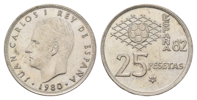 Испания 25 песет 1980 (80) чемпионат мира по футболу в Испании 1982 года, Хуан Карлос I (1975-2014) KM 818 медно-никель 4707-412