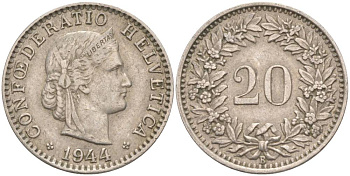 ШВЕЙЦАРИЯ 20 РАППЕНОВ 1944 В KM 29a медно-никель 55-715