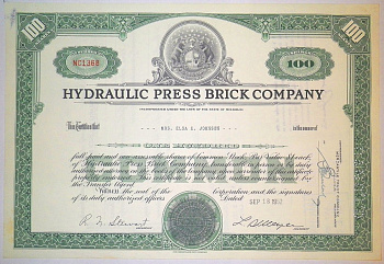США, Hydraulic-Press Brick Company 100 акций 1952 бумага 8805-44-1