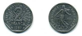 ФРАНЦИЯ 2 ФРАНКА 1981 СЕЯТЕЛЬ KM 942.1, LE FRANC 272.5 никель 25-2434