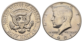 США 1/2 доллара (50 центов) 1981 D, Джон Кеннеди KM A202b медь плакированная медно-никелем UNC 4672-612