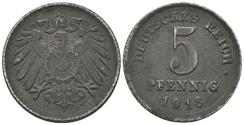Германия 5 пфеннигов 1918 J, Вильгельм II (1888-1918) KM 19, AKS 17, J 297, Schon DM 20, Neum 33 железо 4588-365