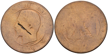 Франция 10 сантимов 1856 B, Наполеон III (1852-1870) KM 771.2, Le Franc 133.33 бронза 221-444