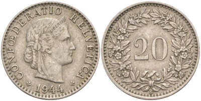ШВЕЙЦАРИЯ 20 РАППЕНОВ 1944 В KM 29a медно-никель 55-715
