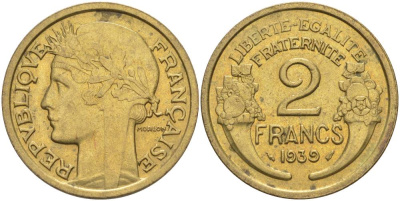 ФРАНЦИЯ 2 ФРАНКА 1939 ТИП MORLON KM 886, LE FRANC 268.12 алюминиевая бронза 3855-211