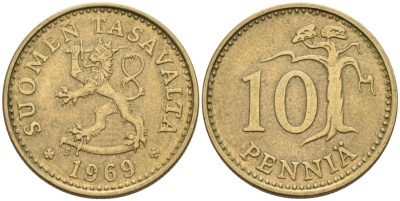 ФИНЛЯНДИЯ 10 ПЕННИ 1969 S KM 46 алюминиевая бронза 192-1033